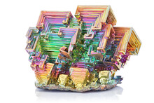 Amazing Colorful Shiny Rainbow Bismuth Gemstone Mineral Macro Closeup Isolated On White Background