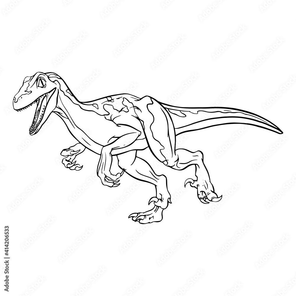 Velociraptor Dinosaur Cartoon Linear Sketch For Coloring Book Isolated On White Background Vector Clipart Wall Mural Server