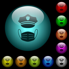 Sticker - Police hat and medical face mask icons in color illuminated glass buttons