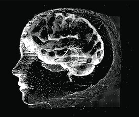 Aufkleber - 3D Illustration Human Brain Anatomy made of Pixels and Particles For Neural network and Machine Learning concept. Sci-fi futuristic cyberpunk style.
