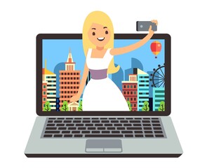 Wall Mural - Vlog or blog. Girl make video report for subscribers. Young woman doing selfie or smartphone photo, vacation travel vector concept. Illustration blogger video, vlog woman on laptop