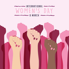 Wall Mural - Women's Day diverse pink woman hand raised up