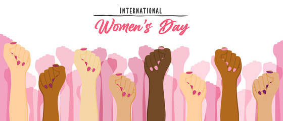 Wall Mural - Women's Day diverse woman hand raised up banner