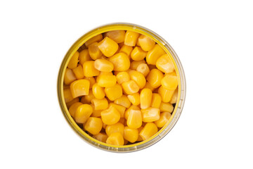 canned corn in a jar isolated on white background, top view