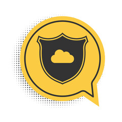 Wall Mural - Black Cloud and shield icon isolated on white background. Cloud storage data protection. Security, safety, protection, privacy concept. Yellow speech bubble symbol. Vector.