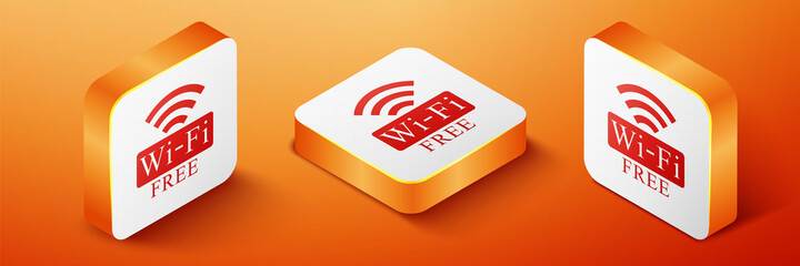 Wall Mural - Isometric Free Wi-fi icon isolated on orange background. Wi-fi symbol. Wireless Network icon. Wi-fi zone. Orange square button. Vector.