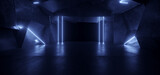 Fototapeta Do przedpokoju - Blue Sci Fi Neon Glowing Modern Futuristic Laser Electric Cyber Lights Tunnel Hangar Corridor Concrete Cement Hallway Dark Spaceship Asphalt 3D Rendering