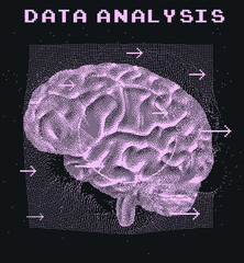 Aufkleber - 3D vector illustration of brain made of pixels and particles. Concept of neural network, neurology and neuroscience.