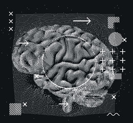 Aufkleber - 3D vector illustration of brain made of pixels and particles. Concept of neural network, neurology and neuroscience.