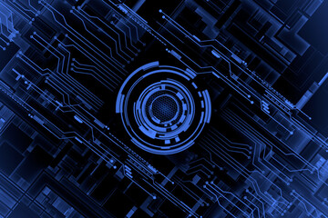 Dark blue digital tunnel with future technology grid line interface.Security tech concept.