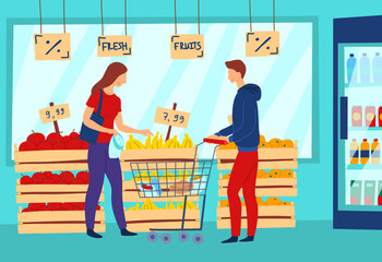 Poster - Cartoon Color Characters People People Shopping Fruits Concept. Vector