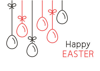 Wall Mural - Easter egg garland vector with bow. Happy Easter greeting card, holiday banner thin line art. Black and red colors outline design. Editable stroke. Simple illustration