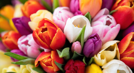  Colorful bouquet of beautiful tulips. Spring flowers. Full frame background. Greeting card with copy space for your advertising text message for Valentine's Day, Woman's Day and Mother's Day.