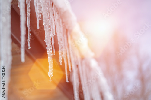 Obraz Dibond Spring bright sunlight shines on melting icicles hanging from roof
