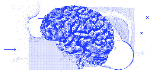 Aufkleber - 3D vector illustration of brain made of pixels and particles. Concept of neural network, neurology and neuroscience.