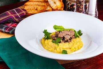 Wall Mural - Beef Stroganoff with mashed potatoes on white plate