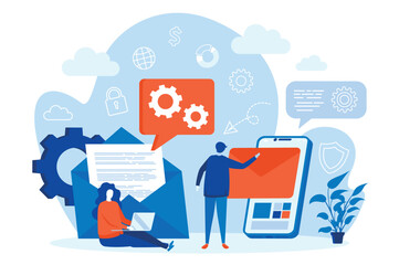 Leinwandbilder - Mobile email service web concept with people characters. Network messaging scene design. People communicate online composition in flat style. Vector illustration for social media promotional materials
