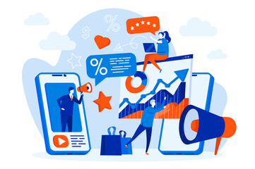 Fototapete - Mobile marketing web concept with people. Digital marketing tools scene design. Mobile advertising and promotion composition in flat style. Vector illustration for social media promotional materials.