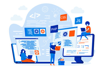 Aufkleber - Programming courses web design concept with people. Students studying with computers scene. Online IT courses composition in flat style. Vector illustration for social media promotional materials.