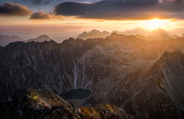 Wall Mural - Mountains Landscape with Mountain Lake in the Valley at Sunset as seen From Krivan Peak in High Tatras, Slovakia