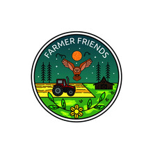 Colorful Night At The Countryside Landscape With Owl Tractor And Barn In The Garden Outline Logo Vector Illustration Sticker Badge 