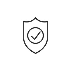 Shield with check mark line icon. Security, reliability, protection, safety concepts. Simple thin line design. Vector icon