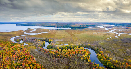 Wall Mural - Autumn aerial view of Portage Lake  near Chassell in Michigan Upper Peninsula UP - Highway 41  