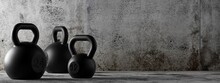 Fitness Gym Kettlebells In Concrete Room Background, Muscle Exercise, Bodybuilding Or Fitness Concept