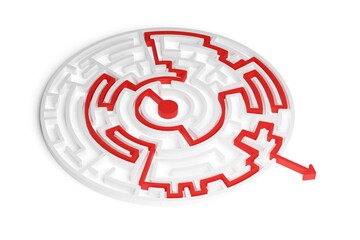 Wall Mural - red path thru white maze or labyrinth over white background, success, strategy or solution concept