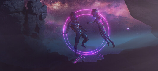 Wall Mural - bodyflying couple of astronauts on alien rocky planet without enough gravity with glowing circles on