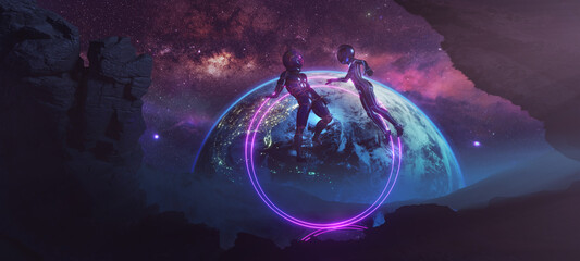Wall Mural - bodyflying couple of astronauts on alien rocky planet without enough gravity with earth on backgroun