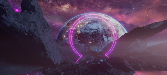 Wall Mural - bodyflying astronauts on alien rocky planet without enough gravity with earth on background