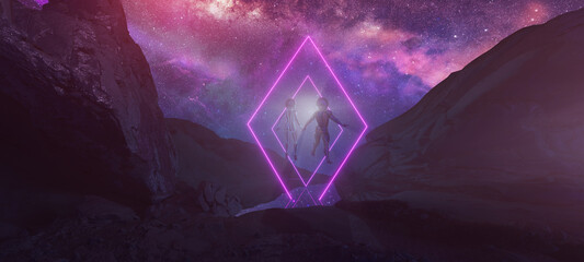 Wall Mural - bodyflying astronauts on alien rocky planet floating without gravity against glowing portal rombs on