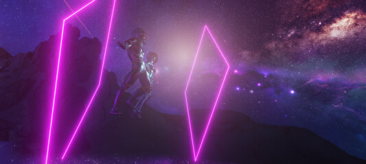 Wall Mural - bodyflying astronauts on alien rocky planet floating without gravity against glowing portal rombs on