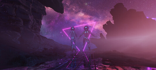 Wall Mural - bodyflying astronauts on alien rocky planet without enough gravity with glowing triangle on backgrou