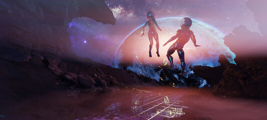 Wall Mural - bodyflying astronauts on alien rocky planet without enough gravity with glowing earth on background