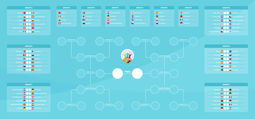 Match schedule, template for web, print, football results table, flags of European countries participating to the final tournament of european football championship 2020. vector illustration