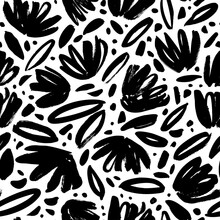 Brush Black Loose Leaves And Flowers Vector Seamless Pattern. Hand Drawn Black Paint Ink Illustration With Abstract Floral Motif. Hand Drawn Painting For Your Fabric, Wrapping Paper, Wallpaper Design