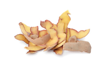 Wall Mural - Potato peel on white background. Composting of organic waste