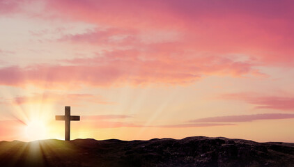Wall Mural - Christian cross on hill outdoors at sunrise. Resurrection of Jesus