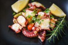 Octopus Salad With Lemon Tomatoes Rosemary And Vegetables On Plate, Fresh And Healthy Salad Seafood Squid And Octopus.