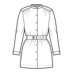 Wall Mural - Belted blouse technical fashion illustration with long sleeves, stand collar, oversized, button up, enlarged hem. Flat apparel top template front, white color. Women, men unisex CAD mockup