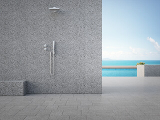 Wall Mural - Gray concrete wall with outdoor shower. 3d rendering of sea view swimming pool in luxury hotel.