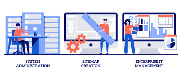 System administration, sitemap creation, enterprise it management concept with tiny people. Business organization abstract vector illustration set. Server maintenance, web design development metaphor