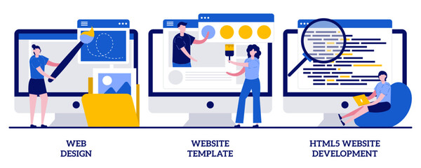 Web design, website template, HTML5 development concept with tiny people. Website building service abstract vector illustration set. Landing page, interface, user experience, constructor platform