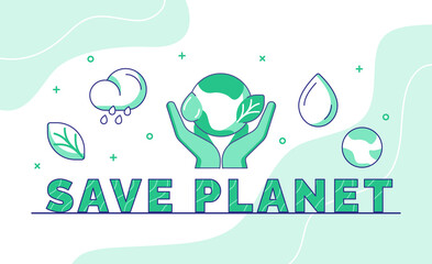 Wall Mural - save planet typography calligraphy word art with outline style