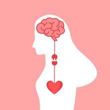 Silhouette Of Woman Head With Brain And Heart Electric Plug Connection Interaction In Flat Design. Connection Between Logic And Emotion Idea Vector Illustration.