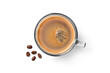 © amenic181 - Top view of glass cup of espresso coffee and coffee beans isolated on white background