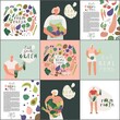 Women with vegetables. Handwritten phrase Eat real food. Eco product, natural organic and vegetarian food, mindful eating concept brochure design Vector illustration