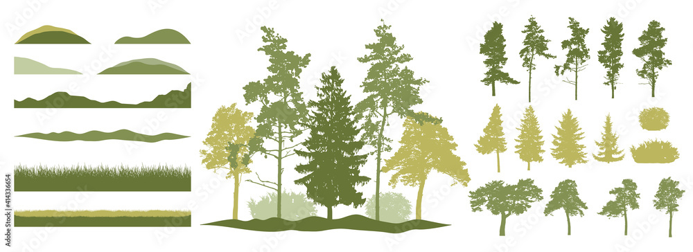 Constructor kit. Silhouettes of beautiful spruce trees, pine, other trees, grass, hill. Creation of spring beautiful park, forest, landscape, woodland, collection of element. Vector illustration. - obrazy, fototapety, plakaty 